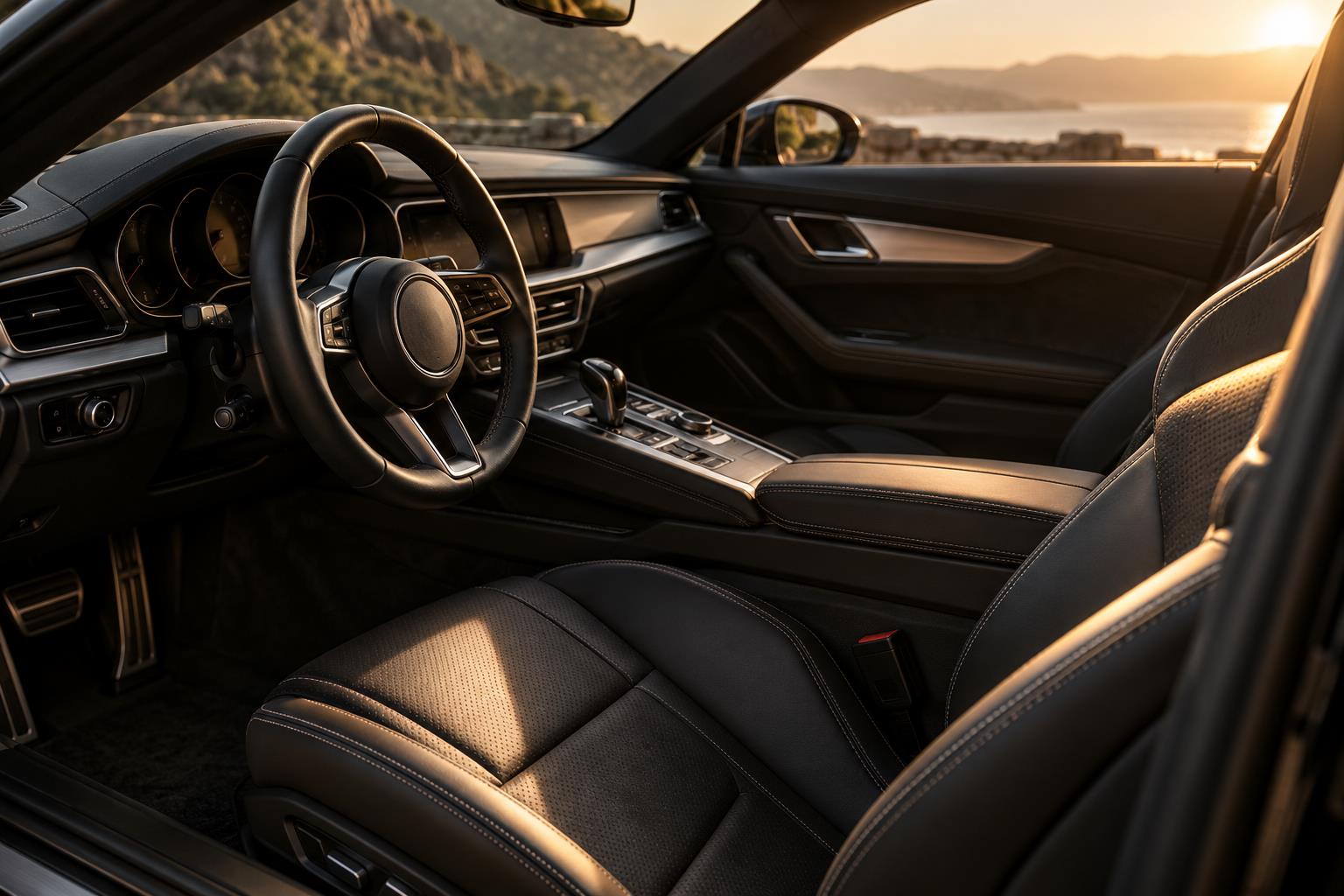 Detalj kožnog enterijera automobila u toplom svjetlu